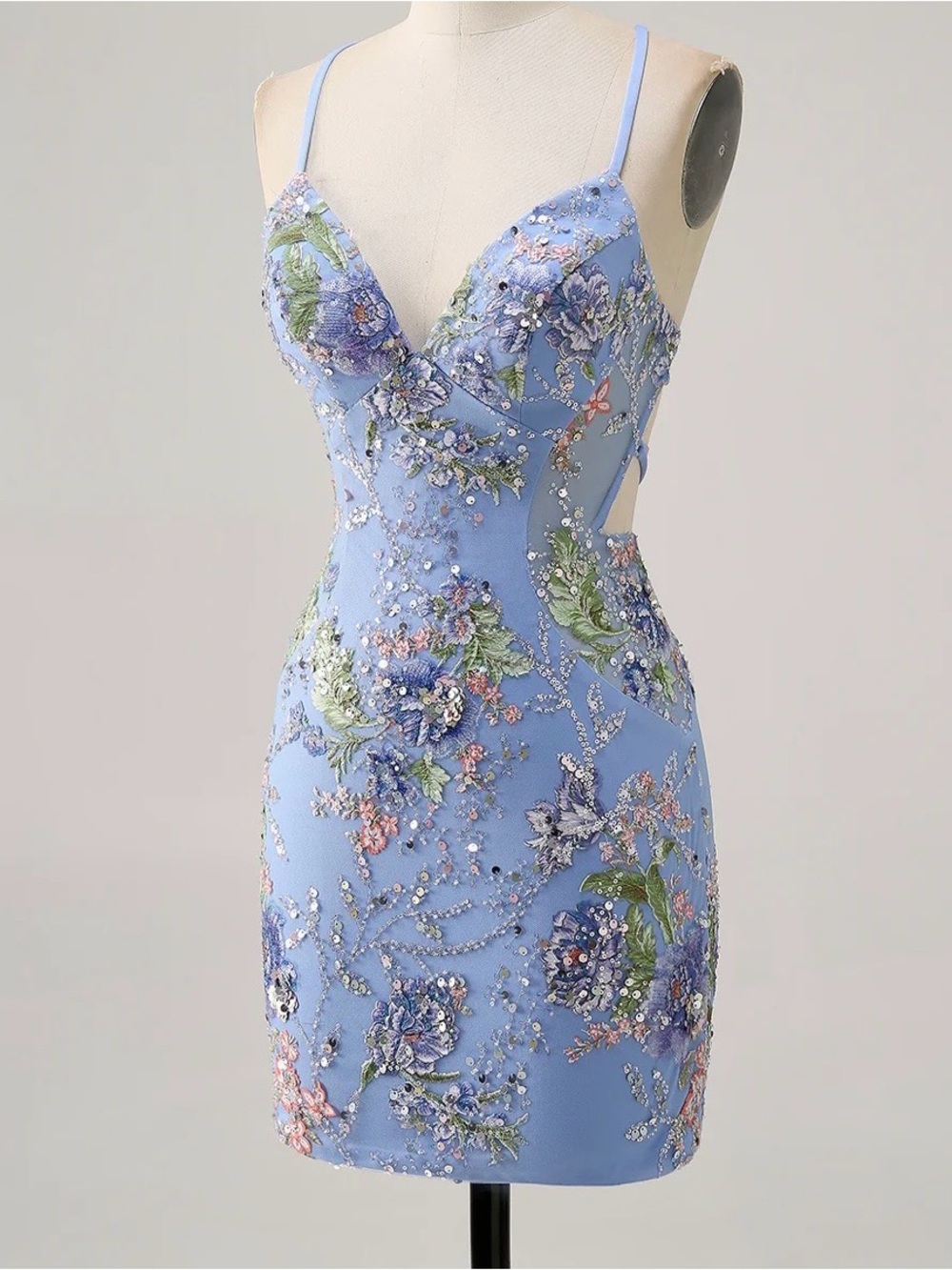 Zapaka beaded pastel blue floral mini dress with spaghetti straps and open back